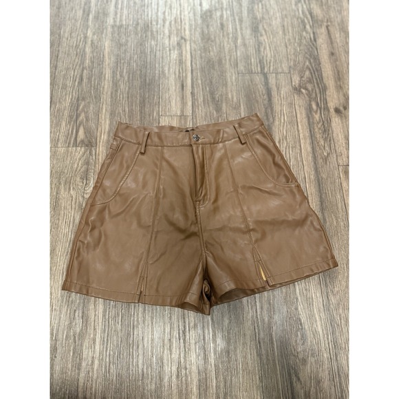 Pretty Little Thing Brown Faux Leather‎ High Rise Shorts - Picture 1 of 11